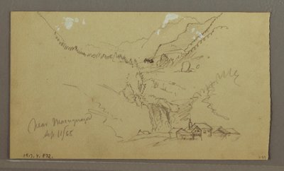 Rysunek, lodowiec, most i dom, wrzesień 1868 r. autorstwa Frederic Edwin Church