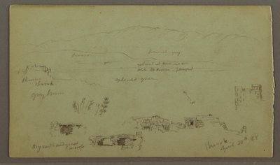 Rysunek, pasmo wzgórz po drugiej stronie równiny, ruiny, 28 kwietnia 1868 r. autorstwa Frederic Edwin Church