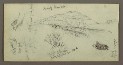Rysunek, wzgórze, krzewy, postać, studium wielbłąda, prawdopodobnie 1868 r. autorstwa Frederic Edwin Church