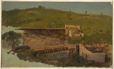 Rysunek przedstawiający wzgórze z wiaduktami i zrujnowanymi młynami w pobliżu Catskill w stanie Nowy Jork, ok. 1865 r. autorstwa Frederic Edwin Church