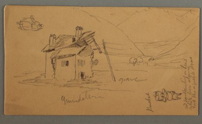 Rysunek, Dom z ruinami Hlaf w dolinie, dwie postacie, 1868 r. autorstwa Frederic Edwin Church