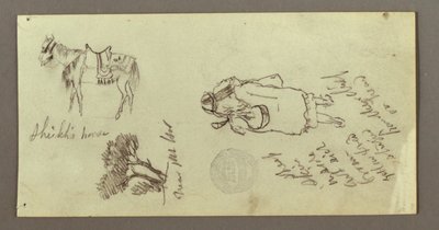 Rysunek, koń, postać od tyłu, drzewa, prawdopodobnie 1868 r. autorstwa Frederic Edwin Church