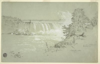 Rysunek przedstawiający wodospad Horseshoe Falls i wyspę Goat Island z Canadian Bank, 6 października 1856 r. autorstwa Frederic Edwin Church
