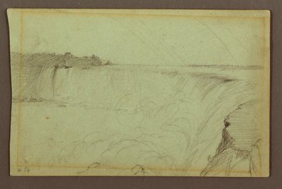 Rysunek, Wodospad Podkowa z podwójną tęczą, rzeka Niagara, Kanada, 1856 r. autorstwa Frederic Edwin Church