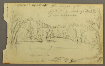 Rysunek, staw Htakie () otoczony drzewami, 1845 r. autorstwa Frederic Edwin Church