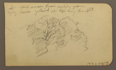 Rysunek, krajobraz, domy; Verso: wierzchołek drzewa, luty 1885 r. autorstwa Frederic Edwin Church