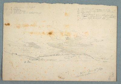 Rysunek, Krajobraz w dolinie Hudson; verso: Szkic kościoła z nawami drzew, 14 czerwca 1870 r. autorstwa Frederic Edwin Church