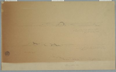 Rysunek, Krajobraz w pobliżu wyspy Fogo, Brimstone, Head, Change Island Rocks, 2 lipca 1869 r. autorstwa Frederic Edwin Church