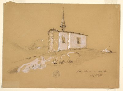 Rysunek "Mały kościółek w pobliżu Bel Arp", Alpy Berneńskie, Szwajcaria, 28 sierpnia 1868 r. autorstwa Frederic Edwin Church