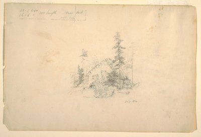 Rysunek, Chata z bali otoczona drzewami, lipiec 1844 r. autorstwa Frederic Edwin Church