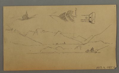 Rysunek, średniowieczny zamek, dwie wieże, studium postaci, niedaleko Thun, prawdopodobnie 1868 r. autorstwa Frederic Edwin Church