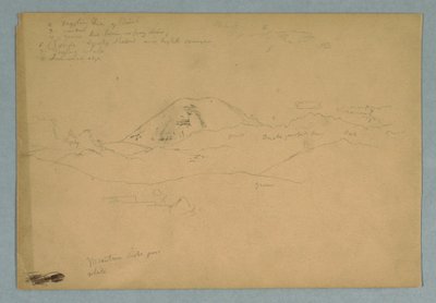 Rysunek przedstawiający szczyt górski, prawdopodobnie Chimborazo, wznoszący się nad trzema kolejnymi pasmami górskimi, Ekwador, 1857 r. autorstwa Frederic Edwin Church