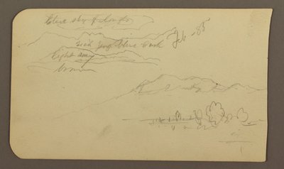 Rysunek, pasma górskie, Cuautla, kościół; Verso: Przyczajony koń, notatki krajobrazowe, luty 1885 r. autorstwa Frederic Edwin Church
