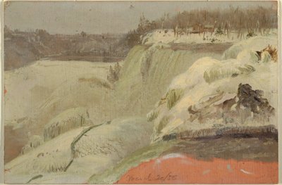 Rysunek Wodospad Niagara w śniegu widziany z Koziej Wyspy, 1856 r. autorstwa Frederic Edwin Church