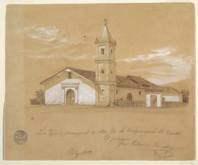 Rysunek, kościół parafialny Matki Boskiej z Chiquinquira del Cerrito, Chiquinquira, Kolumbia, lipiec 1853 r. autorstwa Frederic Edwin Church