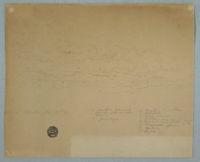 Rysunek przedstawiający deszcz padający z zachmurzonego nieba nad górskimi grzbietami, Hacienda Chillo, Ekwador, 27 lipca 1857 r. autorstwa Frederic Edwin Church
