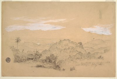 Rysunek, Wspomnienia widoku ze wzgórza w pobliżu Cartago w Kolumbii z kobietą niosącą na głowie słoik z wodą, lipiec 1853 r. autorstwa Frederic Edwin Church