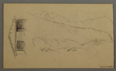 Rysunek, dachy, brama, szczyty górskie, sierpień 1868 r. autorstwa Frederic Edwin Church