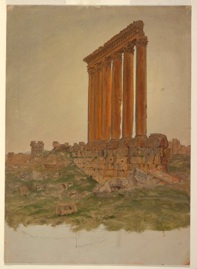 Rysunek, Ruiny świątyni Zeusa, Baalbek, maj 1868 r. autorstwa Frederic Edwin Church
