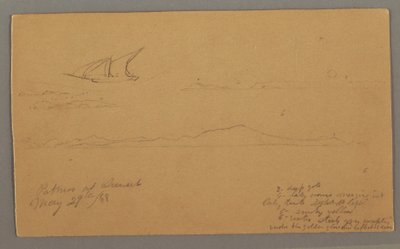 Rysunek, żaglowiec, górzyste wybrzeże, wyspy, 29 maja 1868 r. autorstwa Frederic Edwin Church
