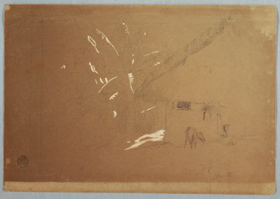 Rysunek, siedząca kobieta i pasący się osioł przed domem w pobliżu Jorje, Ekwador, 23 czerwca 1857 r. autorstwa Frederic Edwin Church