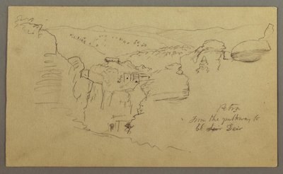 Rysunek, szkic. Widok na Khirbet en Wasara "Petra / z drogi do / El Deir", prawdopodobnie 1868, 26 lutego autorstwa Frederic Edwin Church