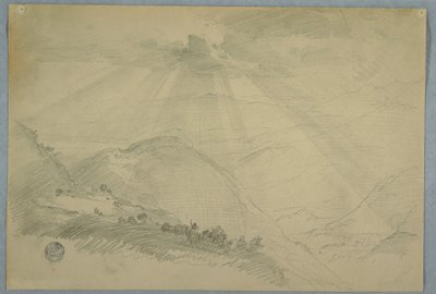 Rysunek, Słońce przebijające się przez chmury nad górską doliną, Jamajka, lipiec 1865 r. autorstwa Frederic Edwin Church