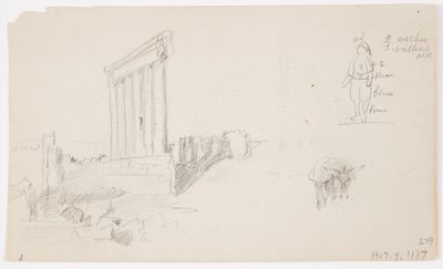 Rysunek, Świątynia Jowisza o wschodzie słońca, Baalbek, 7 maja 1868 r. autorstwa Frederic Edwin Church
