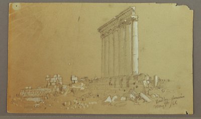 Rysunek, Świątynia Jowisza o wschodzie słońca, Baalbek, 7 maja 1868 r. autorstwa Frederic Edwin Church
