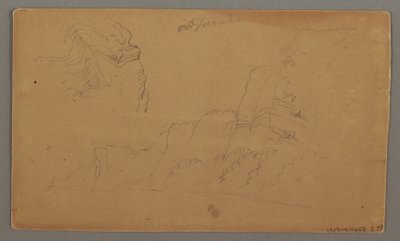Rysunek, drewniany dom, dwie żaglówki, studium dachu, prawdopodobnie 1868 r. autorstwa Frederic Edwin Church