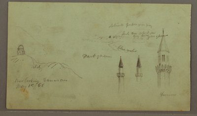 Rysunek, Grobowiec na wzgórzu, trzy minarety, 1 maja 1868 r. autorstwa Frederic Edwin Church