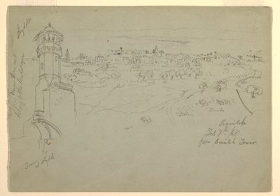 Rysunek, Wieża w Lyddzie i Ramleh widziane z wieży w Ramleh, Palestyna [Ramleh, Izrael], 7 i 10 lutego 1868 r. autorstwa Frederic Edwin Church