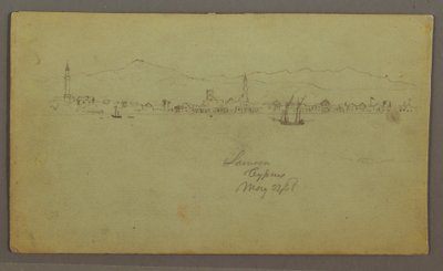 Rysunek, Miasto na wybrzeżu, pasmo górskie z tyłu, 27 maja 1868 r. autorstwa Frederic Edwin Church