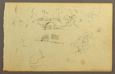 Rysunek, Drzewa, most, twarze z profilu, prawdopodobnie 1844 r. autorstwa Frederic Edwin Church