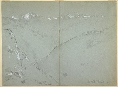 Rysunek, Krajobraz doliny z ośnieżonymi szczytami, Alpy Berneńskie, Szwajcaria, część 1, 1 września 1868 r. autorstwa Frederic Edwin Church