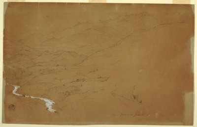 Rysunek przedstawiający dolinę ze strumieniem i domami w pobliżu Guarandy, Ekwador, 4 czerwca 1857 r. autorstwa Frederic Edwin Church
