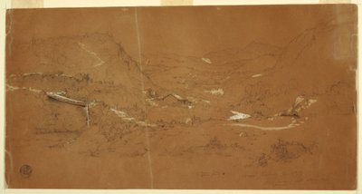 Rysunek przedstawiający dolinę z mostem i domami w pobliżu Guarandy, Ekwador, 5 czerwca 1857 r. autorstwa Frederic Edwin Church