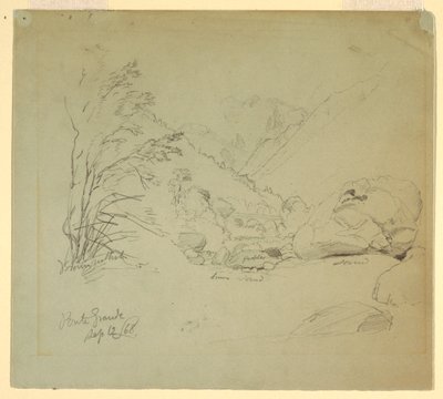 Rysunek, dolina z mostem w pobliżu Macugnaga, 12 września 1868 r. autorstwa Frederic Edwin Church
