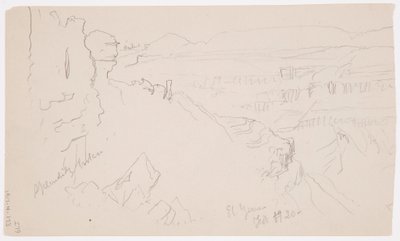 Rysunek, widok przez wzgórza i równinę w kierunku gór, dolina El Yemen, luty 1868 r. autorstwa Frederic Edwin Church