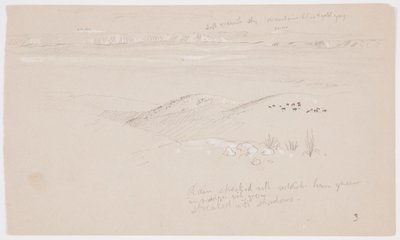 Rysunek, widok przez wzgórza i równinę w kierunku gór, dolina El Yemen, luty 1868 r. autorstwa Frederic Edwin Church