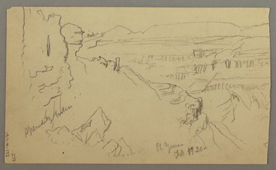 Rysunek, widok przez wzgórza i równinę w kierunku gór, dolina El Yemen, luty 1868 r. autorstwa Frederic Edwin Church