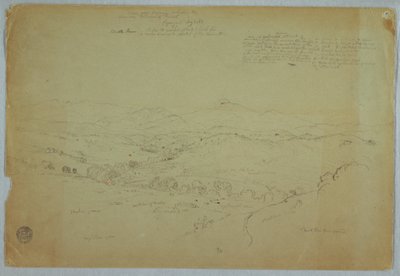 Rysunek, widok w pobliżu Popayan, w tym wulkan Mount Purese, rzeka Cauca, Kolumbia, 8 sierpnia 1853 r. autorstwa Frederic Edwin Church
