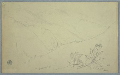 Rysunek, widok szczytu Blue Mountain widziany z okolic Salloway Hill, Jamajka, lipiec 1865 r. autorstwa Frederic Edwin Church