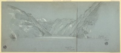 Rysunek, widok na jezioro Konigssee z Falkenstein, niedaleko Berchtesgaden, Bawaria, Niemcy, część 2, 11 lipca 1868 r. autorstwa Frederic Edwin Church