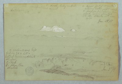 Rysunek, widok wulkanu Artisana z lub w pobliżu Quito i zachmurzone niebo nad grzbietem górskim, Ekwador, 23 czerwca 1857 r. autorstwa Frederic Edwin Church