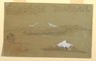 Rysunek, widoki wulkanu Puresé w Kolumbii i góry Sincholagua w Ekwadorze, 9 sierpnia i wrzesień 1853 r. autorstwa Frederic Edwin Church