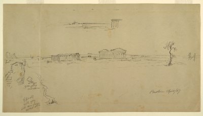 Rysunek, widok na bazylikę i świątynię Neptuna, Paestum, Włochy, kwiecień 1869 r. autorstwa Frederic Edwin Church