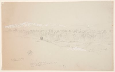 Rysunek, wioska Kuseiyeh, góra Liban w oddali, maj 1868 r. autorstwa Frederic Edwin Church
