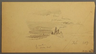 Rysunek, zalesione wzgórze, pagórkowata dolina, słońce, styczeń 1866 r. autorstwa Frederic Edwin Church