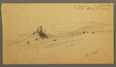 Rysunek, zalesione wzgórze, pagórkowata dolina, słońce, styczeń 1866 r. autorstwa Frederic Edwin Church
